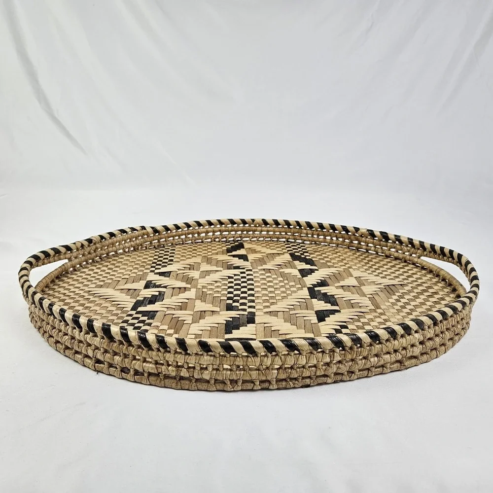 Vintage Baniwa Basket Serving Tray w/ Handles Geometric MCM Zimbabwe African